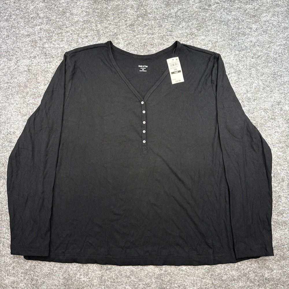 NEW State of Day ribbed Henley pajama pj‎ top women's 3X black long sleeve sleep